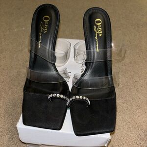 Brand new in box sexy black suede Olivia Jaymes Milia clear PVC sandals size 7.